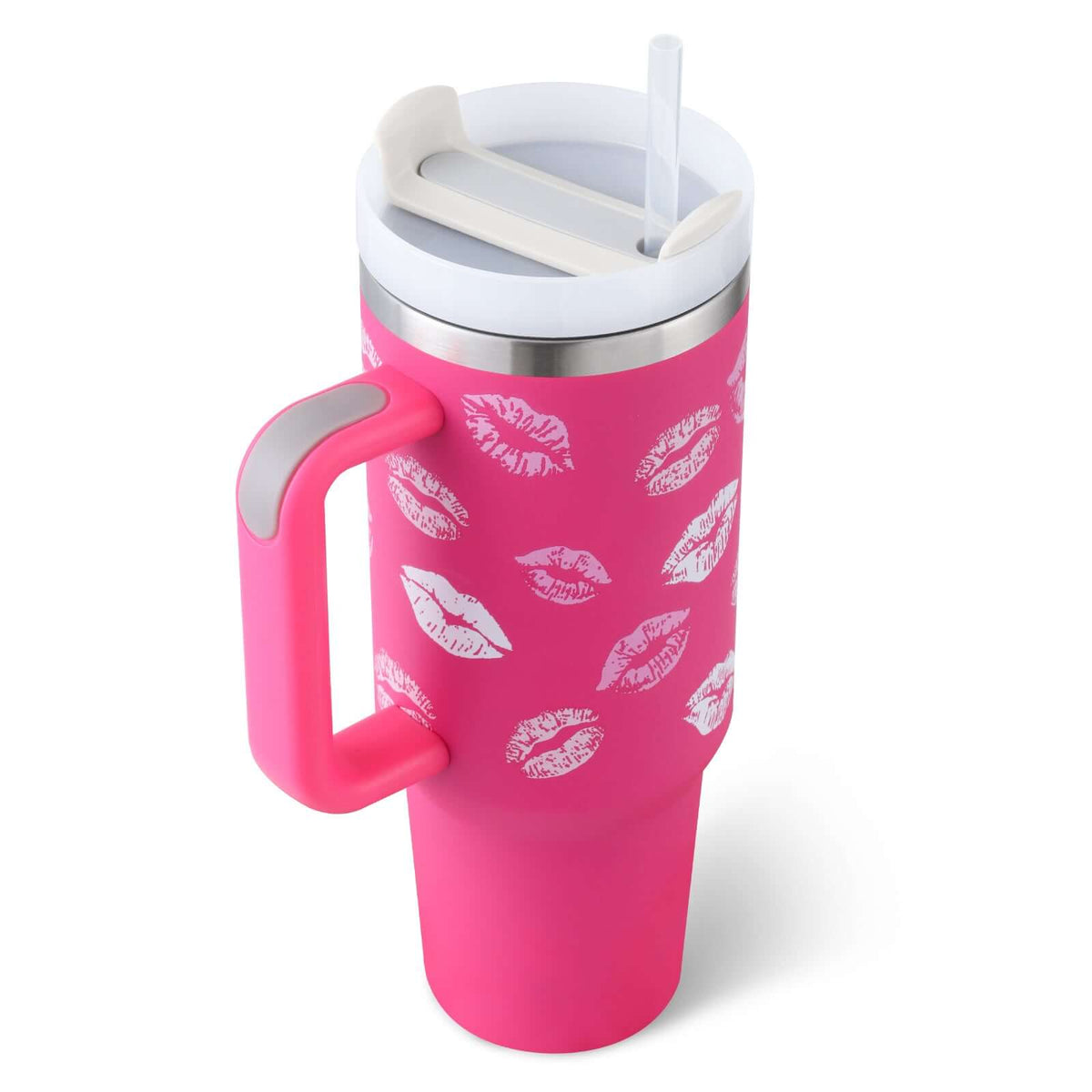 Pink 40 Oz Insulated Tumbler with Handle and Straw Featuring Lip Print Design