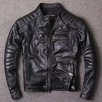 Black washed genuine leather stand-up collar slim fit jacket for men