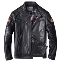 Black genuine leather men's stand collar motorcycle jacket with skull pattern and patches, available in multiple sizes, European and American style.