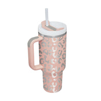 Pink patterned 40oz insulated tumbler with handle and straw, high-grade stainless steel for hot and cold beverages.