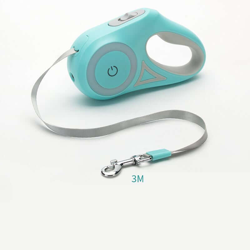 Retractable dog leash with large handle and 3-meter silver traction rope for small to medium pets in turquoise color