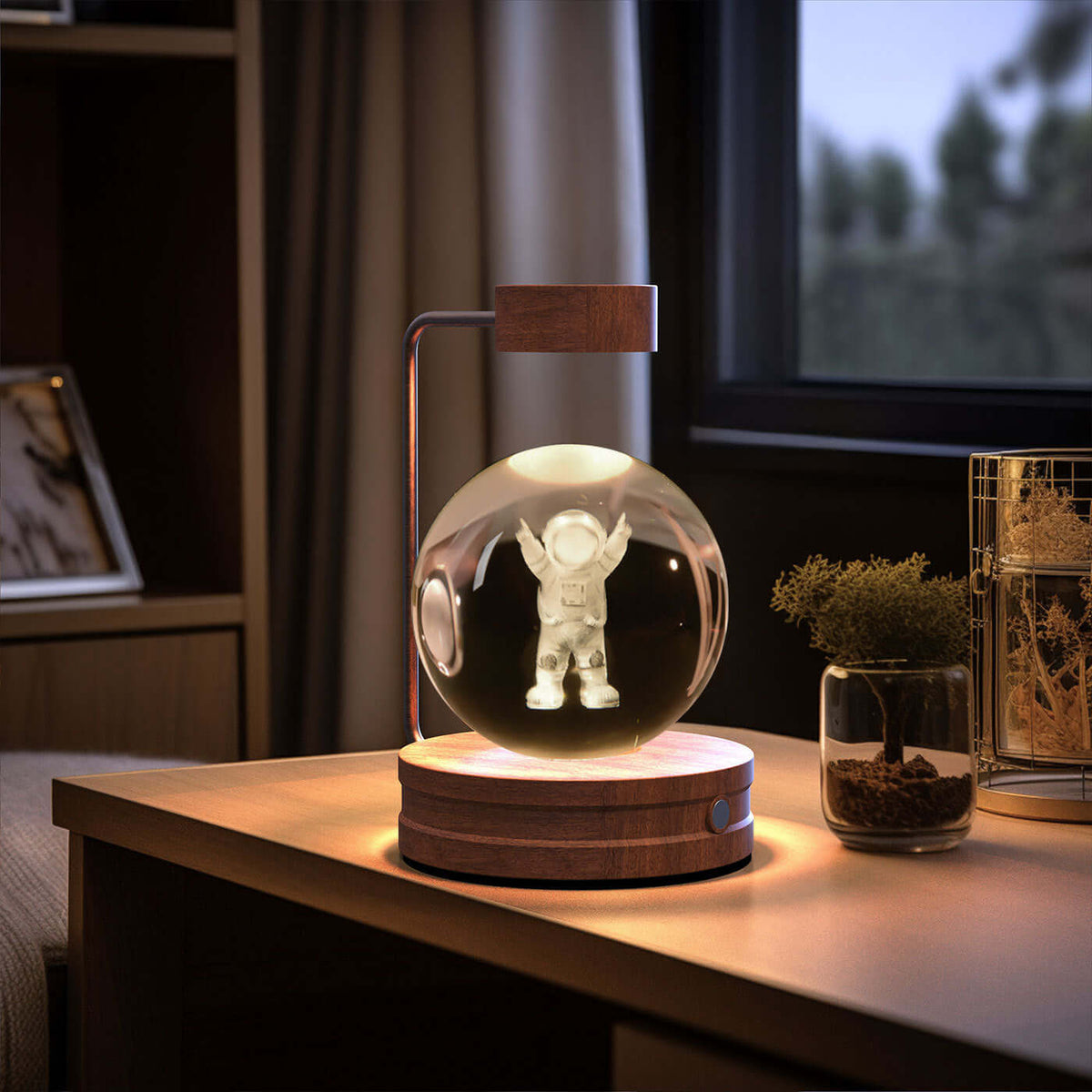 Crystal Ball Cosmic Dinosaur Indoor Night Light on bedside table creating a warm atmosphere, perfect for cozy evenings and special occasions