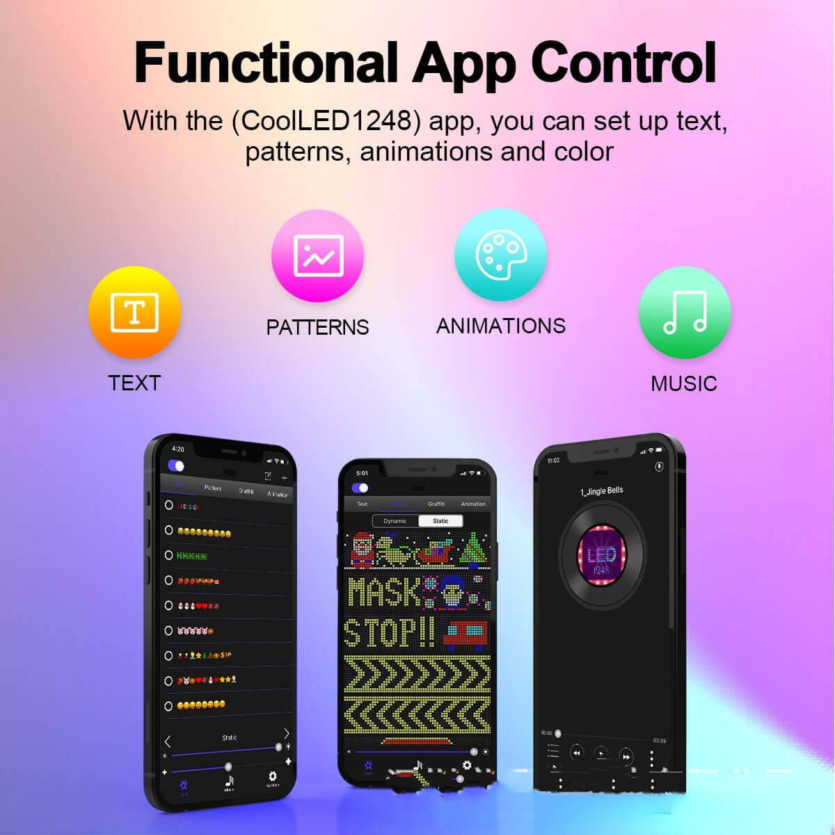Programmable Car LED Sign App showing text, patterns, animations, and music customization on three smartphones.