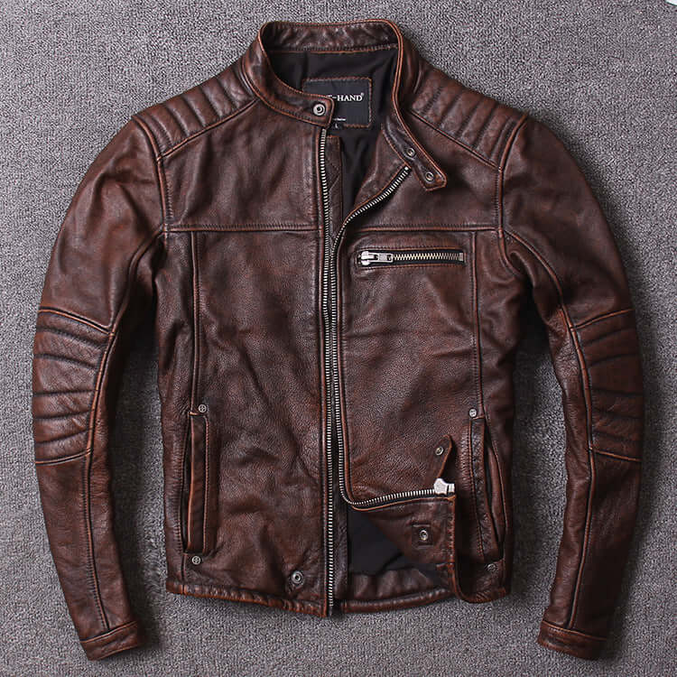 Brown genuine leather jacket for men with short stand-up collar and zippered pockets, perfect fit for a trendy spring or autumn look.