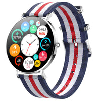 T8 Slim Smart Watch featuring a colorful display screen and a stylish blue, white, and red striped band for active women.