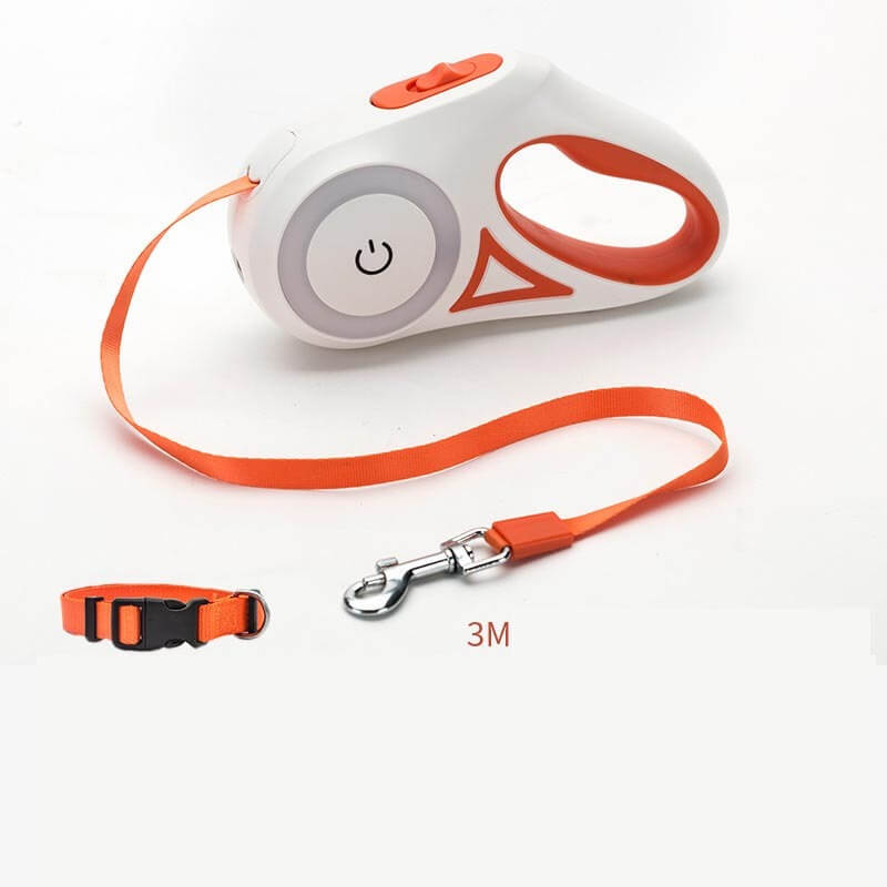 Retractable dog leash and orange collar set for small to large pets, featuring one-handed braking system and ergonomic handle.