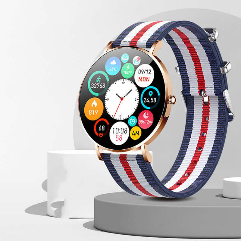 T8 Slim Smart Watch for Women with Colorful Display, Health Tracking, and Stylish Striped Band