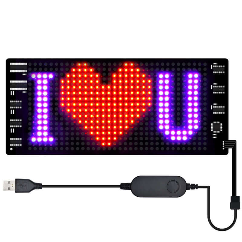 Programmable Car LED Sign displaying "I Love You" message in bright, full-color lights with USB and controller.