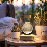 Crystal Ball Cosmic Dinosaur Indoor Night Light on wooden table with warm lighting, surrounded by succulents and cozy outdoor setting.