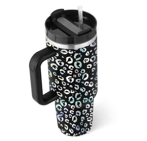 40 Oz Insulated Tumbler With Handle and Straw in Leopard Print Design