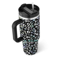 40 Oz Insulated Tumbler With Handle and Straw in Leopard Print Design