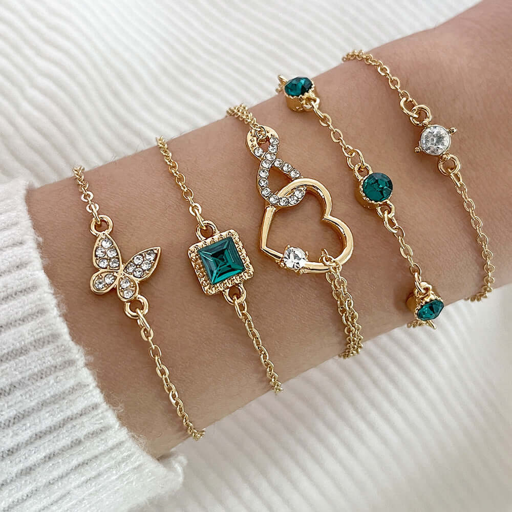 Ensemble de bijoux de bracelets en cristal vert bohème 5 pièces pour femmes, bracelet en forme de cœur, bracelet de fiançailles de mariage, bijoux de mode