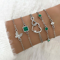 Ensemble de bijoux de bracelets en cristal vert bohème 5 pièces pour femmes, bracelet en forme de cœur, bracelet de fiançailles de mariage, bijoux de mode