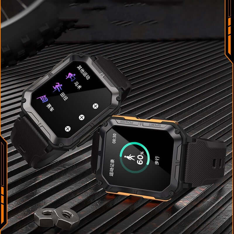 Rugged Sport Smart Watch with Bluetooth Calling and Fitness Tracking Features on a Metal Surface