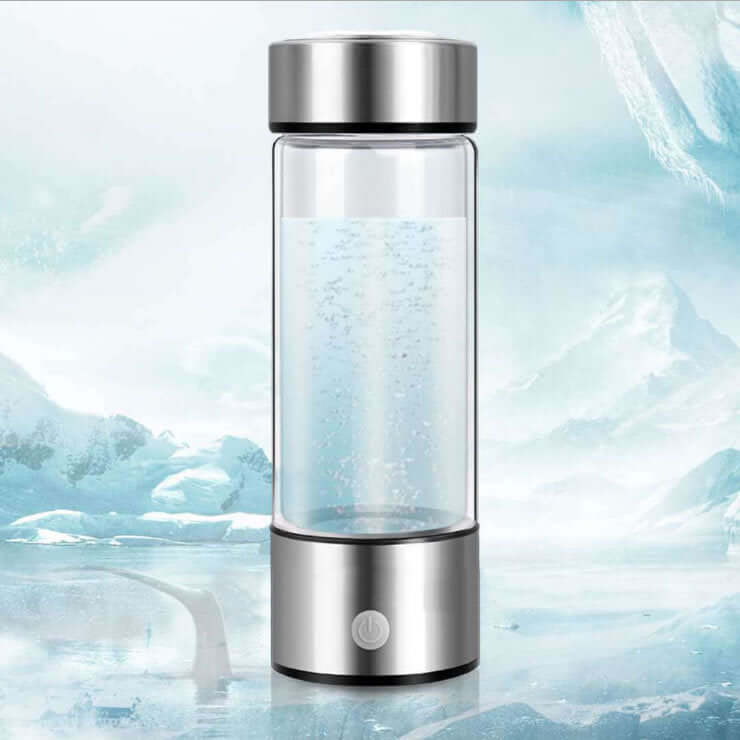 Smart hydrogen water cup with PC material body and 420ml capacity against an icy blue background.