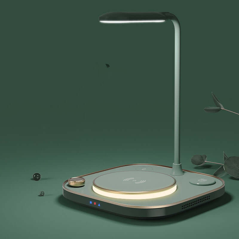 Three-in-one wireless magnetic charger desk lamp with 15W fast charging on green background