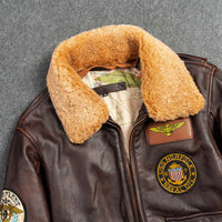 Men's genuine leather motorcycle jacket with detachable shearling collar and embroidered patches