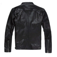 Men's slim-fit black leather motorcycle jacket made from genuine cowhide leather with zipper decoration, viewed from the back.