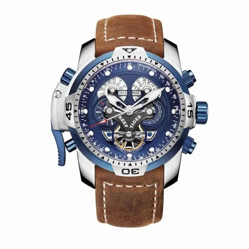 Reef Tiger/RT Luxury Blue Military Sport Watch Men Leather Strap Calendar Automatic Mechanical Watch Sapphire Waterproof Clock