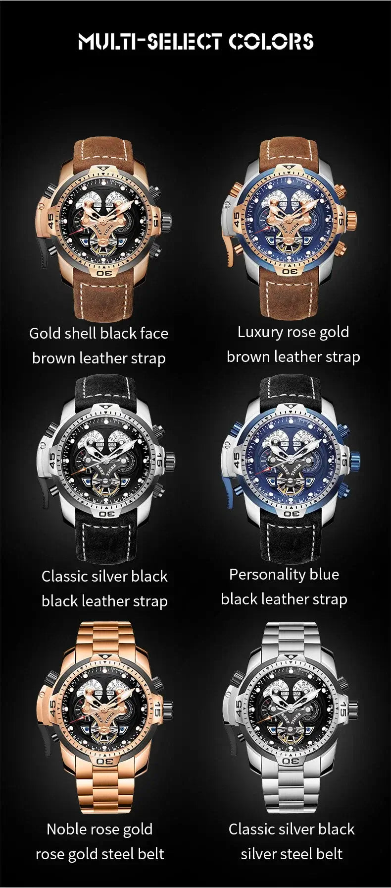 Reef Tiger/RT Luxury Blue Military Sport Watch Men Leather Strap Calendar Automatic Mechanical Watch Sapphire Waterproof Clock