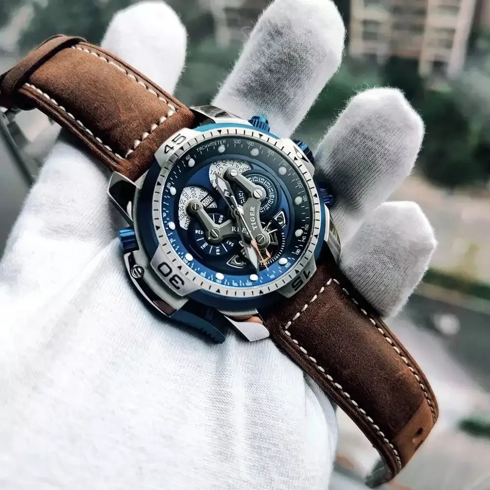 Reef Tiger/RT Luxury Blue Military Sport Watch Men Leather Strap Calendar Automatic Mechanical Watch Sapphire Waterproof Clock