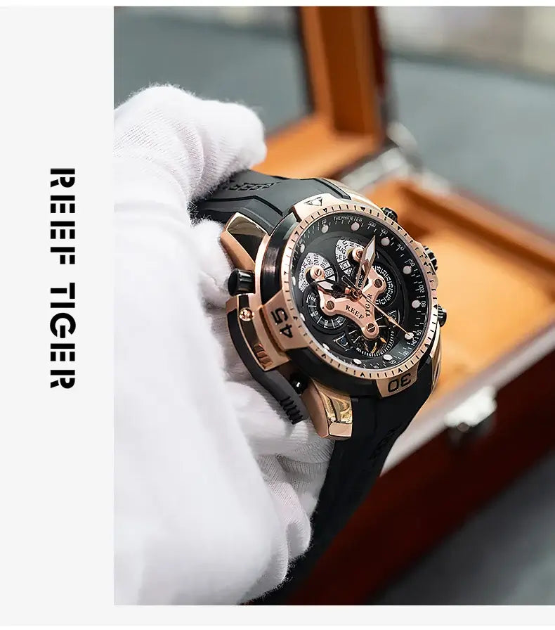 Reef Tiger/RT Luxury Blue Military Sport Watch Men Leather Strap Calendar Automatic Mechanical Watch Sapphire Waterproof Clock