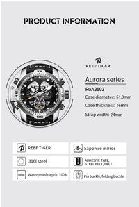 Reef Tiger/RT Luxury Blue Military Sport Watch Men Leather Strap Calendar Automatic Mechanical Watch Sapphire Waterproof Clock