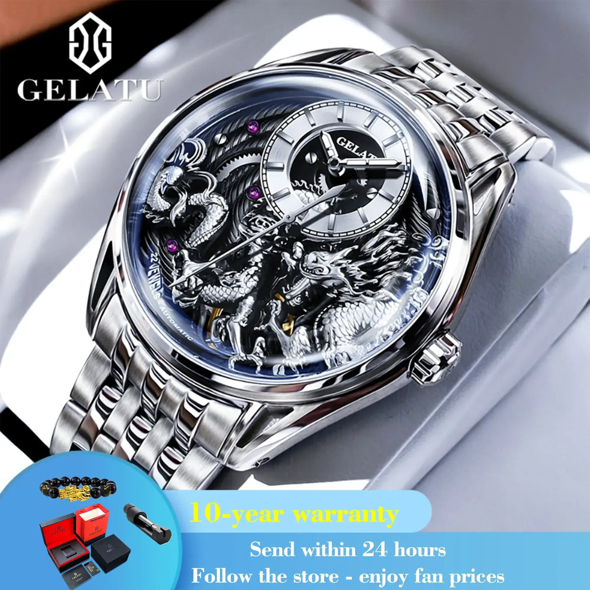 GELATU 6018 Original Mechanical Watch For Men 50M Waterproof Dragon Automatic Wristwatch Luxury Top Brand Hollow Man Watch 2024