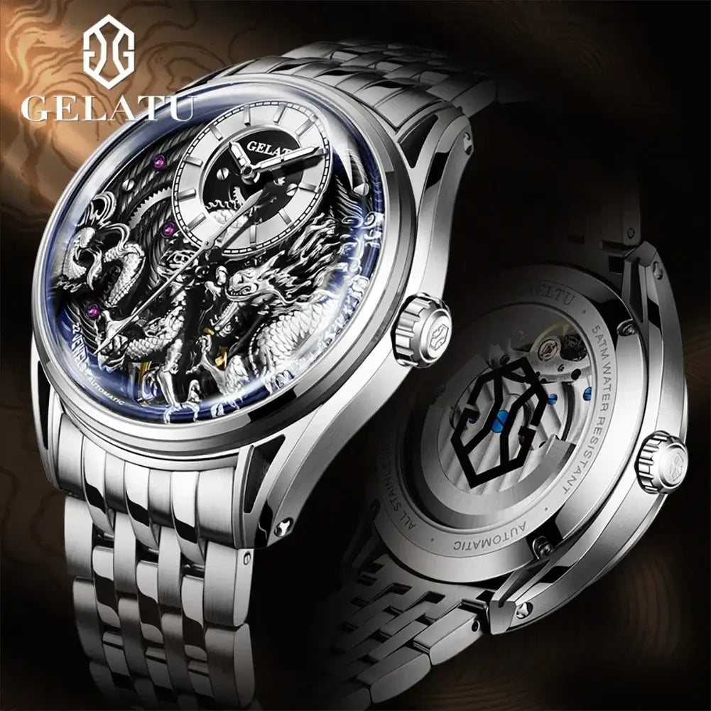 GELATU 6018 Original Mechanical Watch For Men 50M Waterproof Dragon Automatic Wristwatch Luxury Top Brand Hollow Man Watch 2024