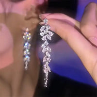 Sliver Maple Leaf Zircon Tassel Long Earrings For Women Shiny Rhinestone Wedding Drop Earrings Party Jewelry Gifts 2024 New