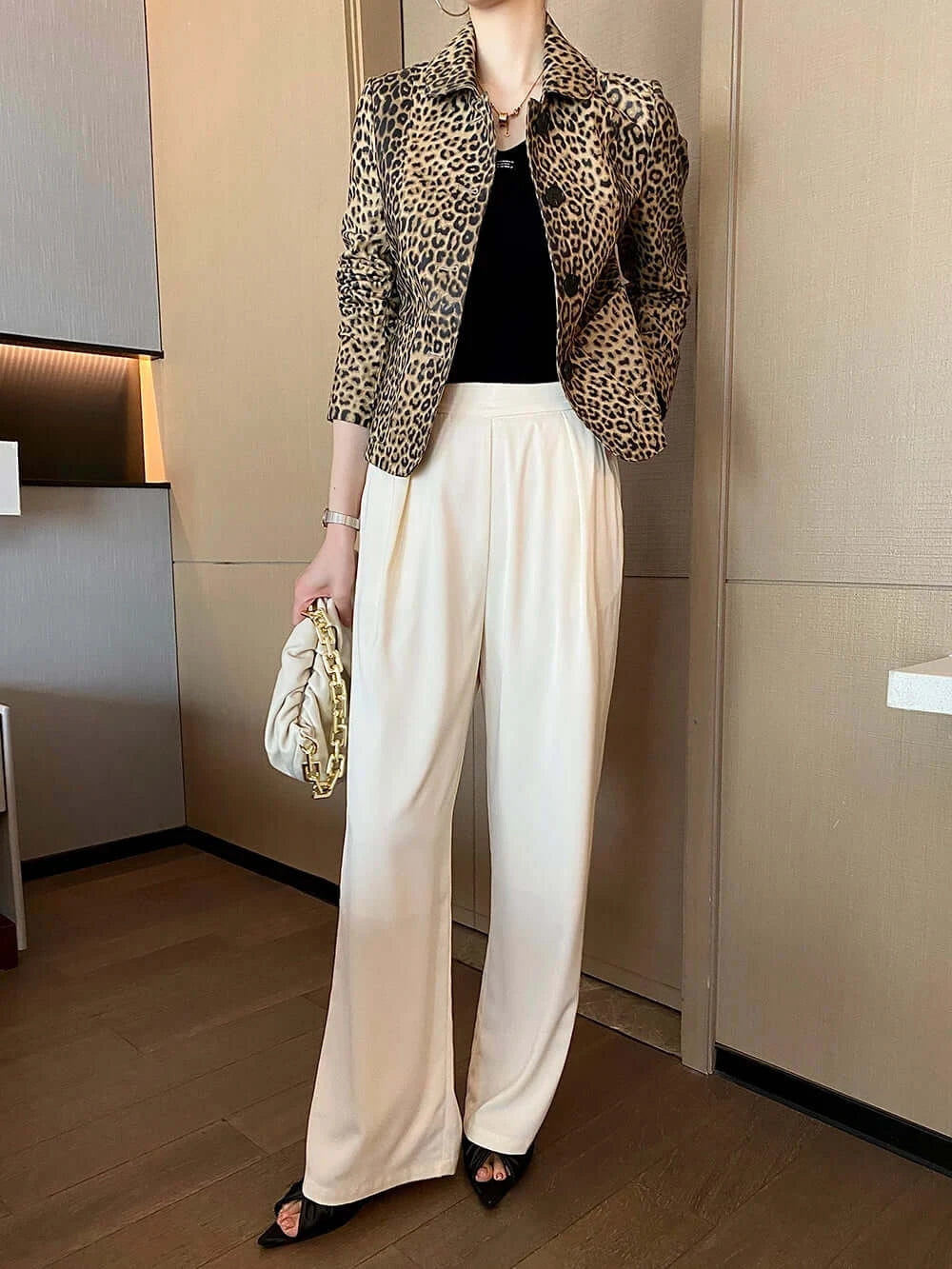 PREMIUM High End Leopard Print Top Layer Fetal Cowhide Women's Blazer Suit Short Single Breasted Genuine Leather Jacket Women