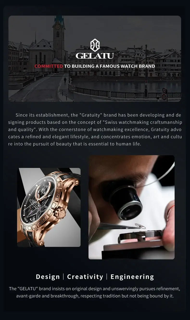 GELATU Hollow Automatic Mechanical Watch for Men Genuine Leather Strap Sapphire Mirror Luxury Men's Wristwatch Fashion Man Watch