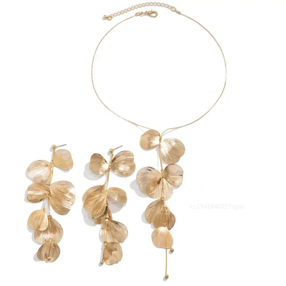 Chic Leaf Charm Necklace Drop Earrings for Women Petal Long Tassel Choker Jewelry Ladies 2024 New Party Gifts