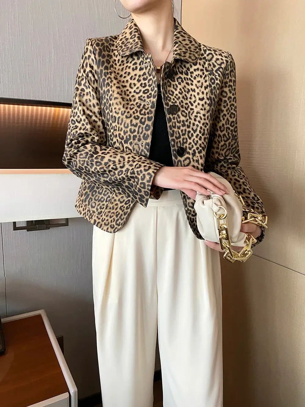 PREMIUM High End Leopard Print Top Layer Fetal Cowhide Women's Blazer Suit Short Single Breasted Genuine Leather Jacket Women