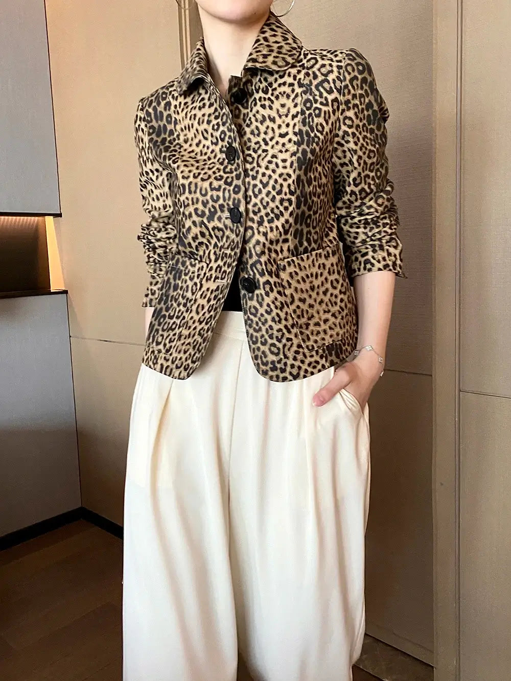 PREMIUM High End Leopard Print Top Layer Fetal Cowhide Women's Blazer Suit Short Single Breasted Genuine Leather Jacket Women