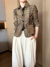 PREMIUM High End Leopard Print Top Layer Fetal Cowhide Women's Blazer Suit Short Single Breasted Genuine Leather Jacket Women