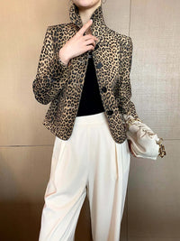 PREMIUM High End Leopard Print Top Layer Fetal Cowhide Women's Blazer Suit Short Single Breasted Genuine Leather Jacket Women