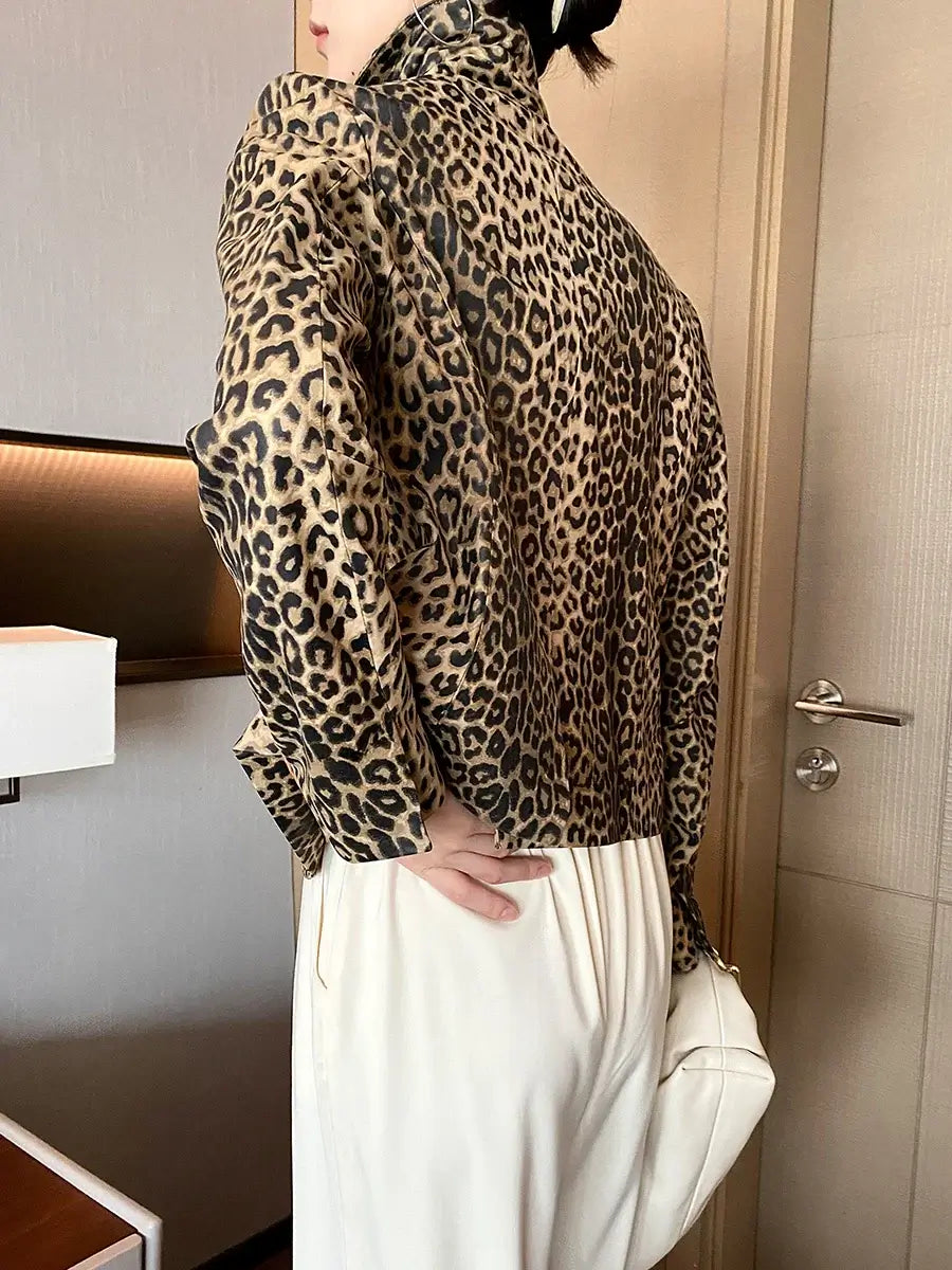 PREMIUM High End Leopard Print Top Layer Fetal Cowhide Women's Blazer Suit Short Single Breasted Genuine Leather Jacket Women