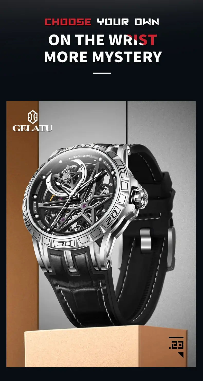 GELATU Hollow Automatic Mechanical Watch for Men Genuine Leather Strap Sapphire Mirror Luxury Men's Wristwatch Fashion Man Watch