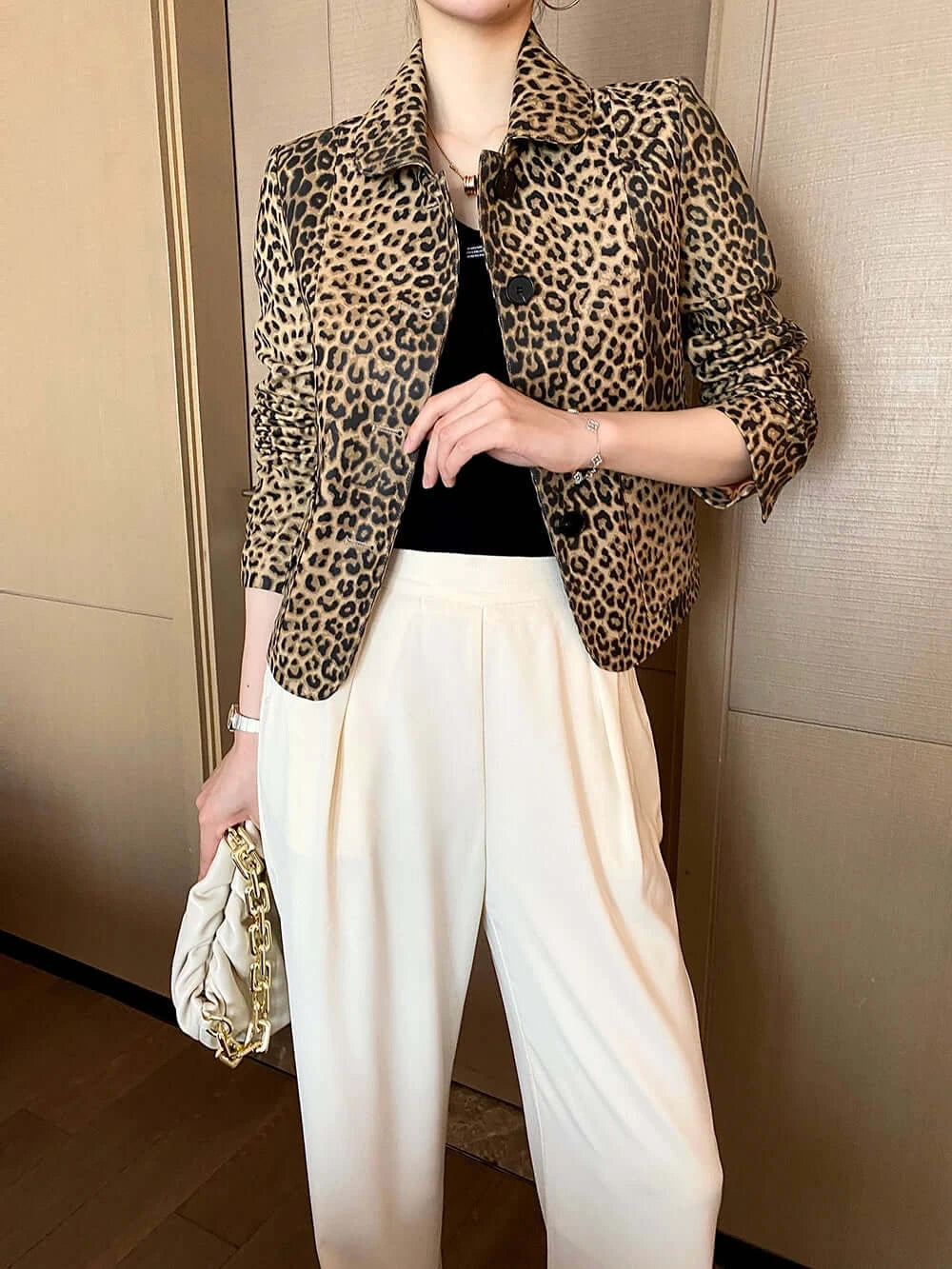 PREMIUM High End Leopard Print Top Layer Fetal Cowhide Women's Blazer Suit Short Single Breasted Genuine Leather Jacket Women