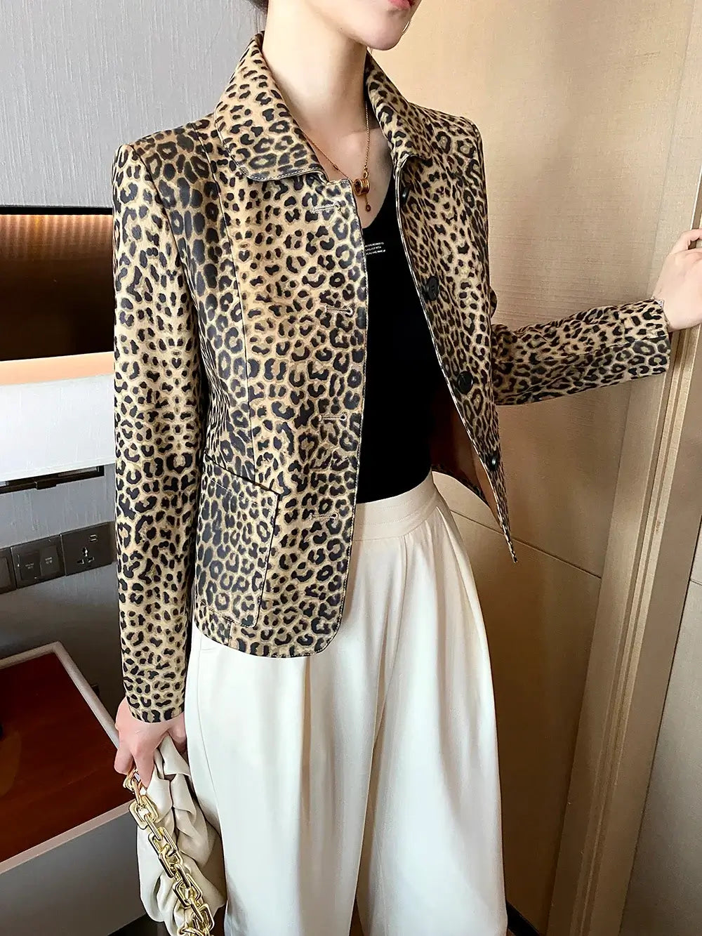 PREMIUM High End Leopard Print Top Layer Fetal Cowhide Women's Blazer Suit Short Single Breasted Genuine Leather Jacket Women