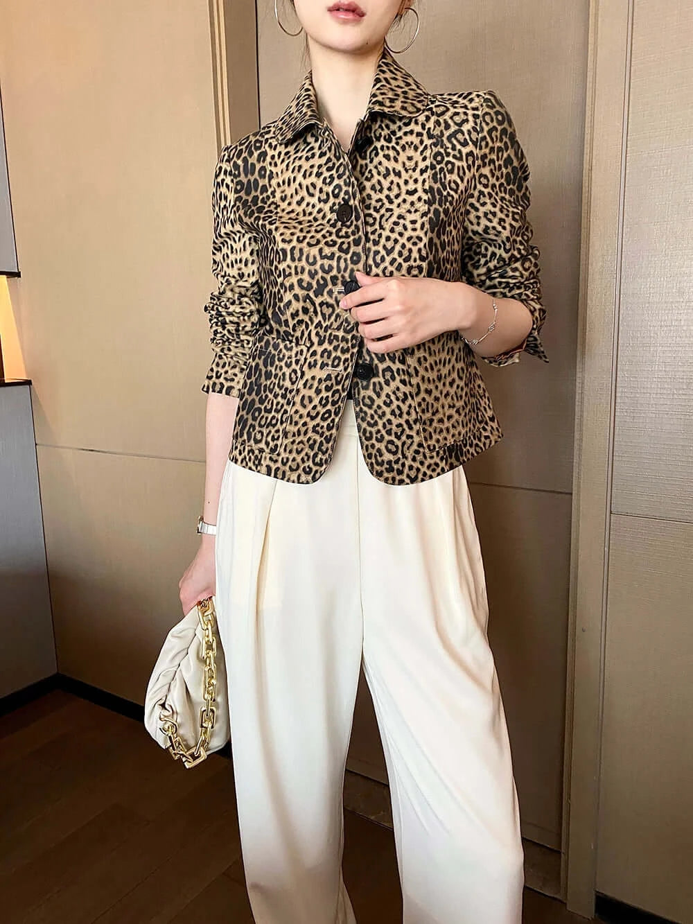 PREMIUM High End Leopard Print Top Layer Fetal Cowhide Women's Blazer Suit Short Single Breasted Genuine Leather Jacket Women