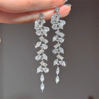 Sliver Maple Leaf Zircon Tassel Long Earrings For Women Shiny Rhinestone Wedding Drop Earrings Party Jewelry Gifts 2024 New