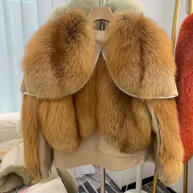 2023 Limited Edition Women's Genuine Sheepskin Leather Jacket with Real Red Fox Fur Trim - Premium Winter Outerwear