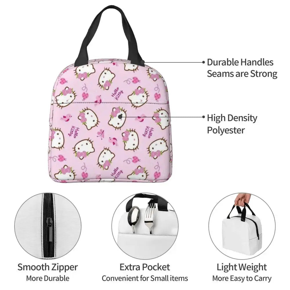 Sacs à lunch isolés Hello Kitty Cartoon Conteneur à lunch haute capacité Sac thermique Boîte à lunch Fourre-tout École Extérieur Fille Garçon