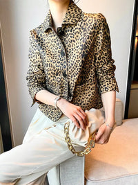 PREMIUM High End Leopard Print Top Layer Fetal Cowhide Women's Blazer Suit Short Single Breasted Genuine Leather Jacket Women