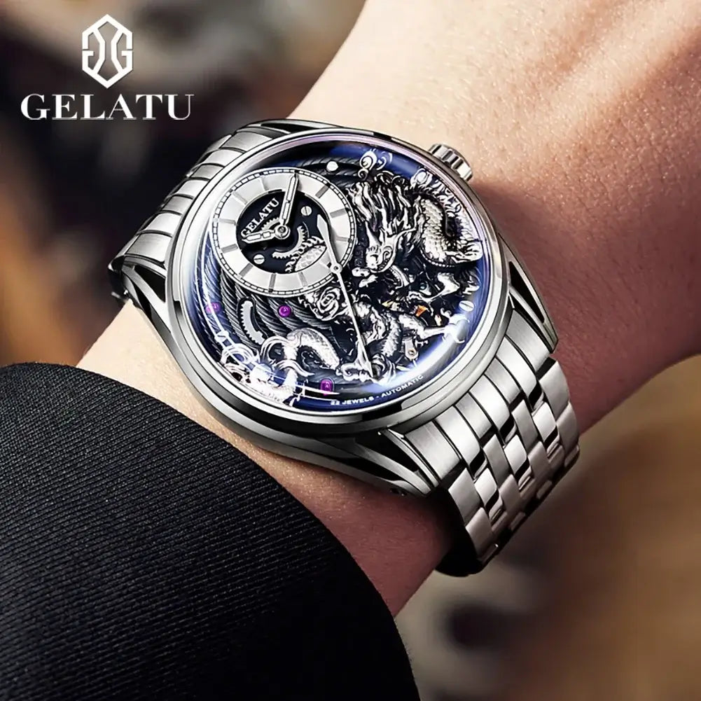 GELATU 6018 Original Mechanical Watch For Men 50M Waterproof Dragon Automatic Wristwatch Luxury Top Brand Hollow Man Watch 2024