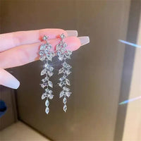 Sliver Maple Leaf Zircon Tassel Long Earrings For Women Shiny Rhinestone Wedding Drop Earrings Party Jewelry Gifts 2024 New