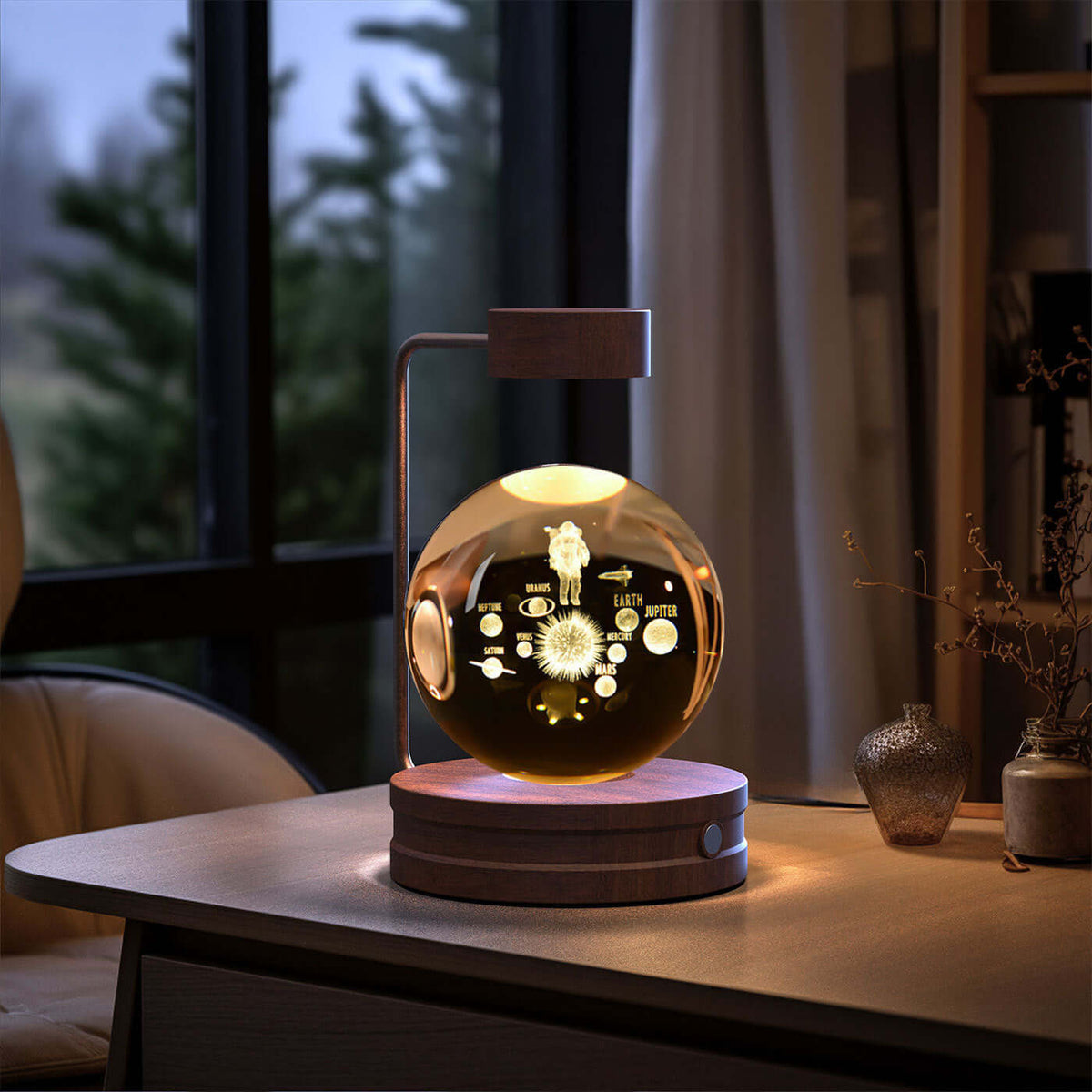 Crystal Ball Cosmic Dinosaur Indoor Night Light on a bedside table, USB-powered warm light for a cozy ambiance. Perfect birthday gift.