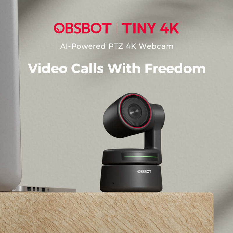 OBSBOT Tiny 4K AI PTZ Webcam on Desk for Video Calls with Freedom